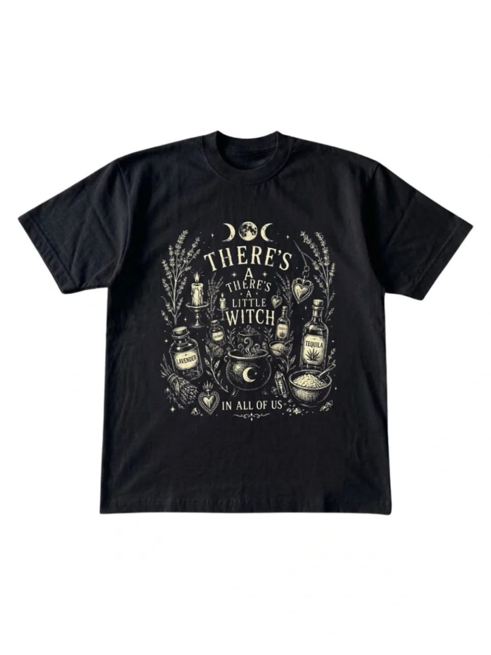 Black Short Sleeve Graphic Tee with Cream Witch Design
